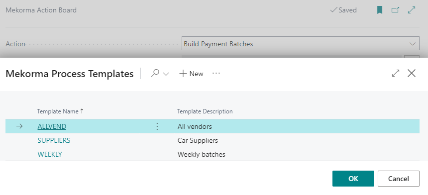 Screenshot of the available Process Templates to apply to a batch build.