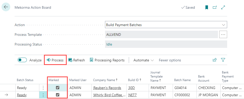 Mark the payment lines and then click Process to build the batches Screenshot showing the payment lines marked and ready to process.