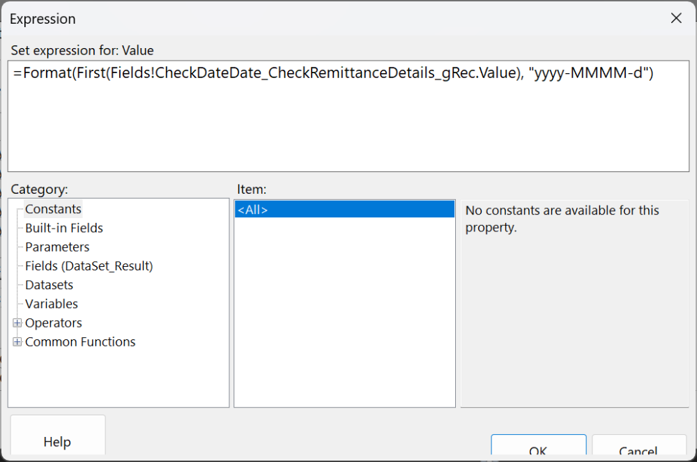 Screenshot of the field to update the date format expression in.