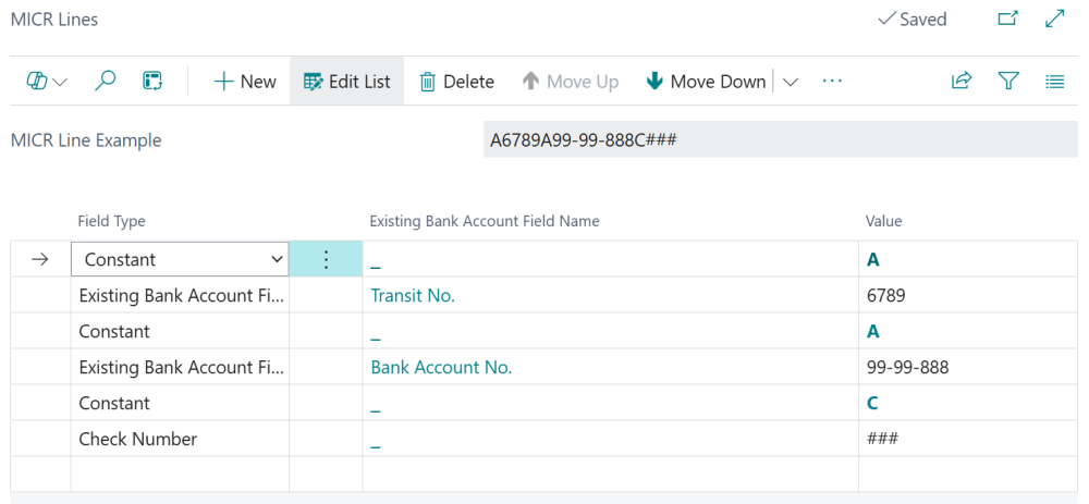 The MICR Lines page allows you to customize the MICR line for each bank account. Screenshot of the MICR Lines page.