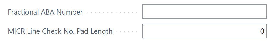 Screenshot of the Fractional ABA Number and MICR Line Check No. Pad Length fields.
