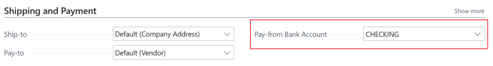 Screenshot of the Purchase Invoice page with a Pay-from Bank Account assigned.