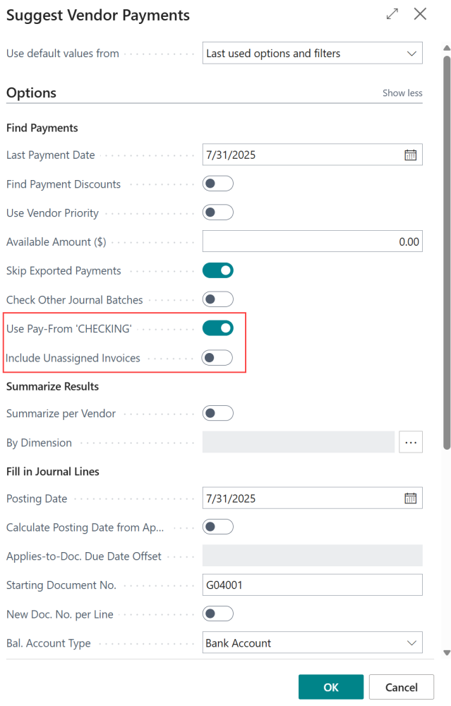 Screenshot showing the Suggest Vendor Payments page with the assign by bank account fields.