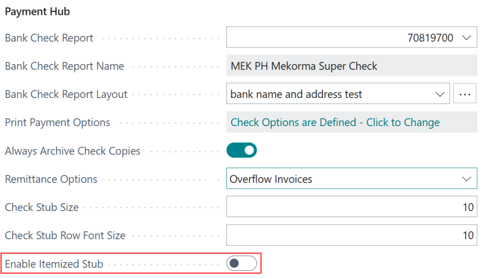 Screenshot showing the Enabled Itemized Stub toggle in the bank account card.