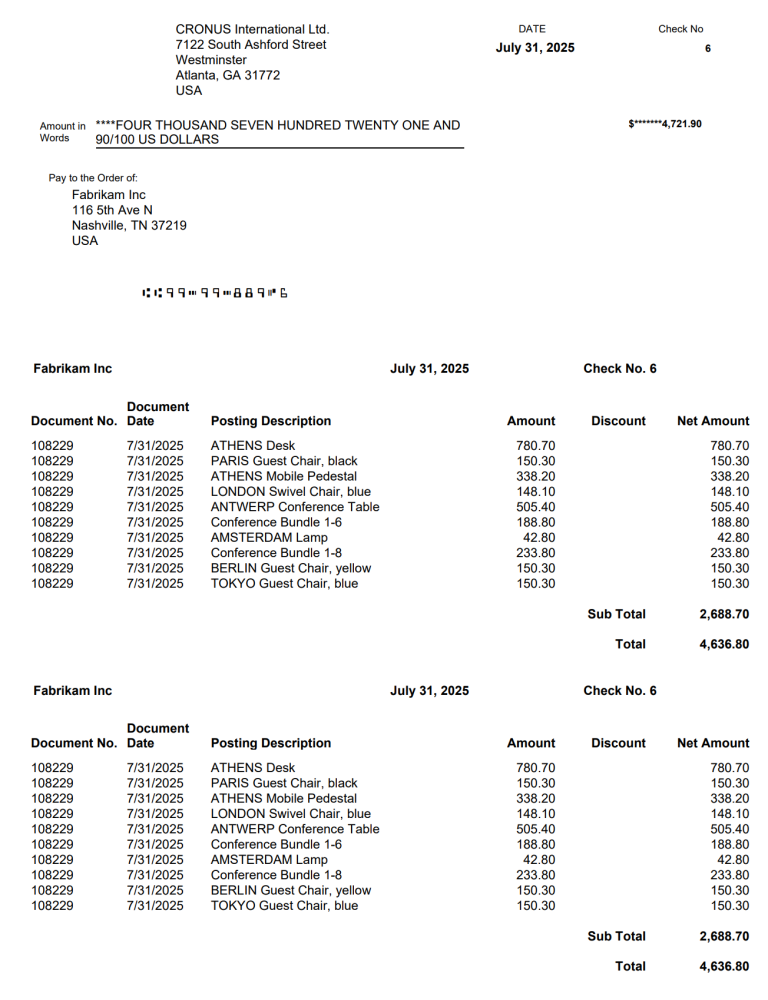 Screenshot of a sample itemized check stub.