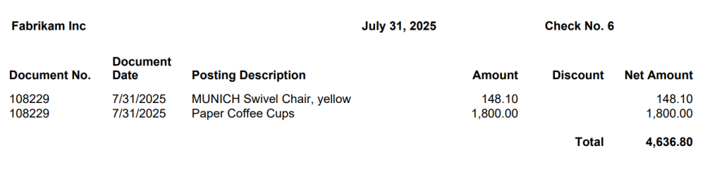 Screenshot of a sample itemized check stub.