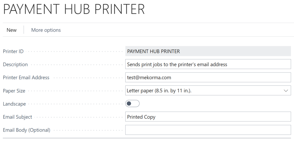 Screenshot of the setup window for Email Printers.
