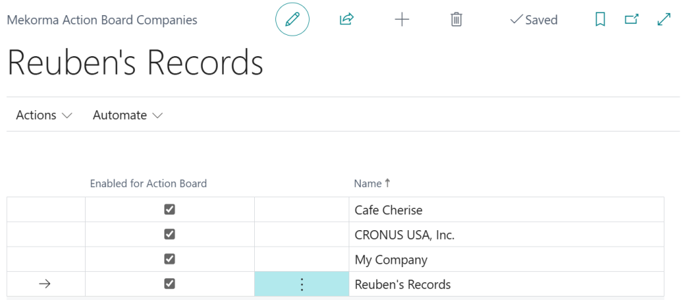 Screenshot of the companies selected to use with Action Board.