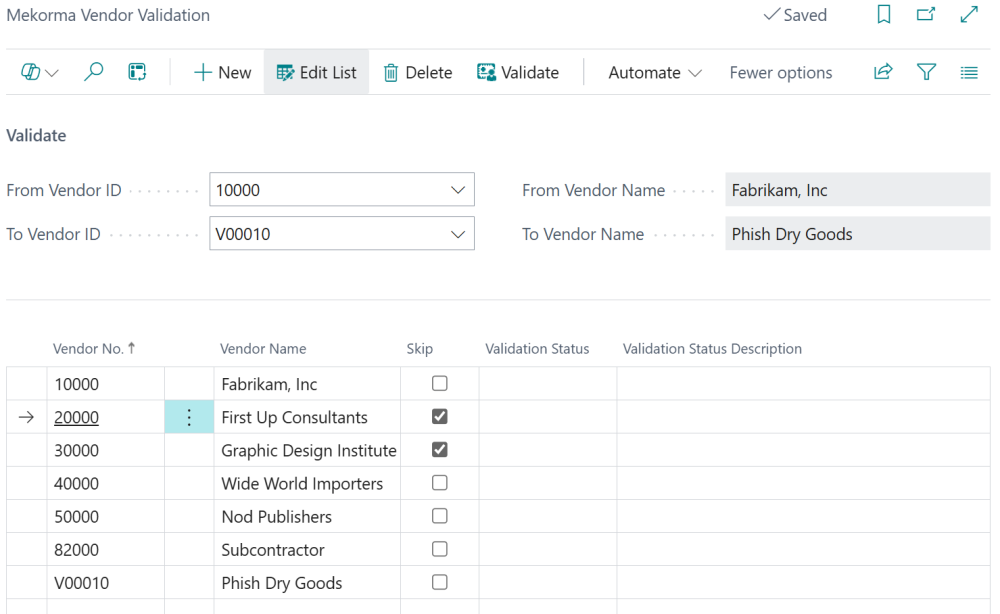 Select the vendors you want to skip in the bulk validation. Screenshot showing vendors selected to be skipped in bulk validations.