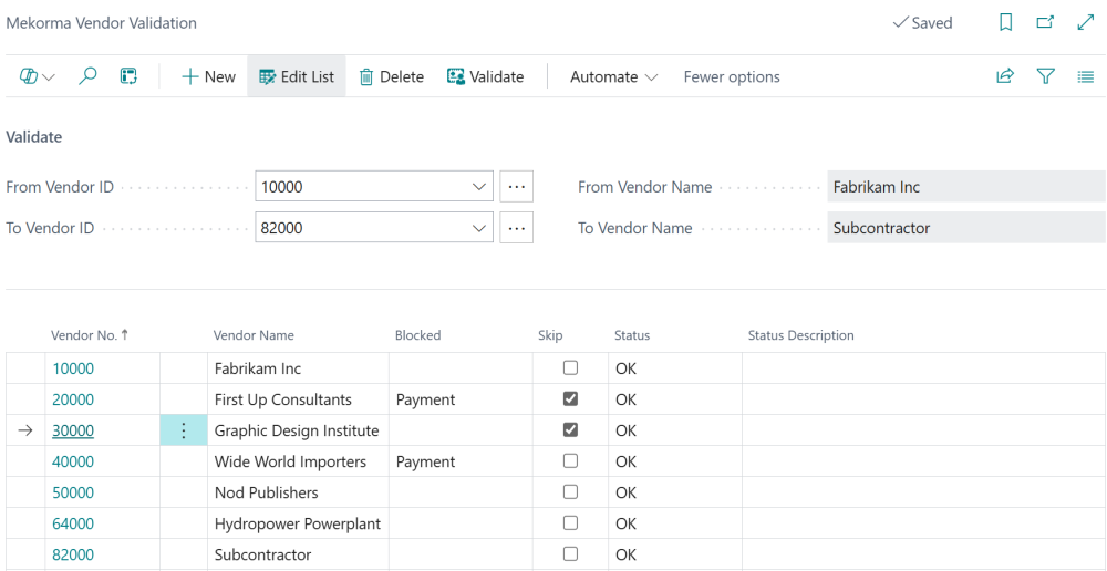 Screenshot showing vendors selected to be skipped in bulk validations.