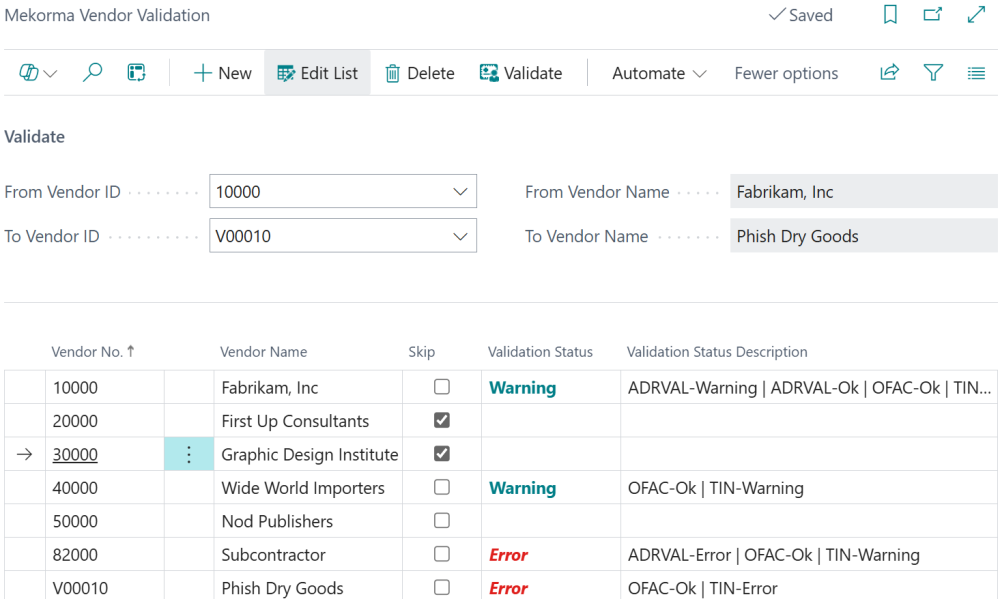 Vendors marked to be skipped in bulk validations return no results in a validation. Vendors that have been excluded from all providers also yield no results. Screenshot of bulk validation result showing vendors receiving errors, warnings, and vendors who were either skipped or have validations turned off.