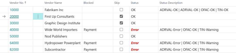 Screenshot of bulk validation result showing vendors receiving errors, warnings, and vendors who were either skipped or have validations turned off.