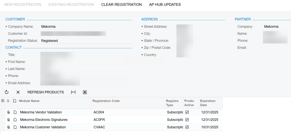 A completed existing registration After a completed existing registration, the customer, contact, address, partner, and product information are updated.