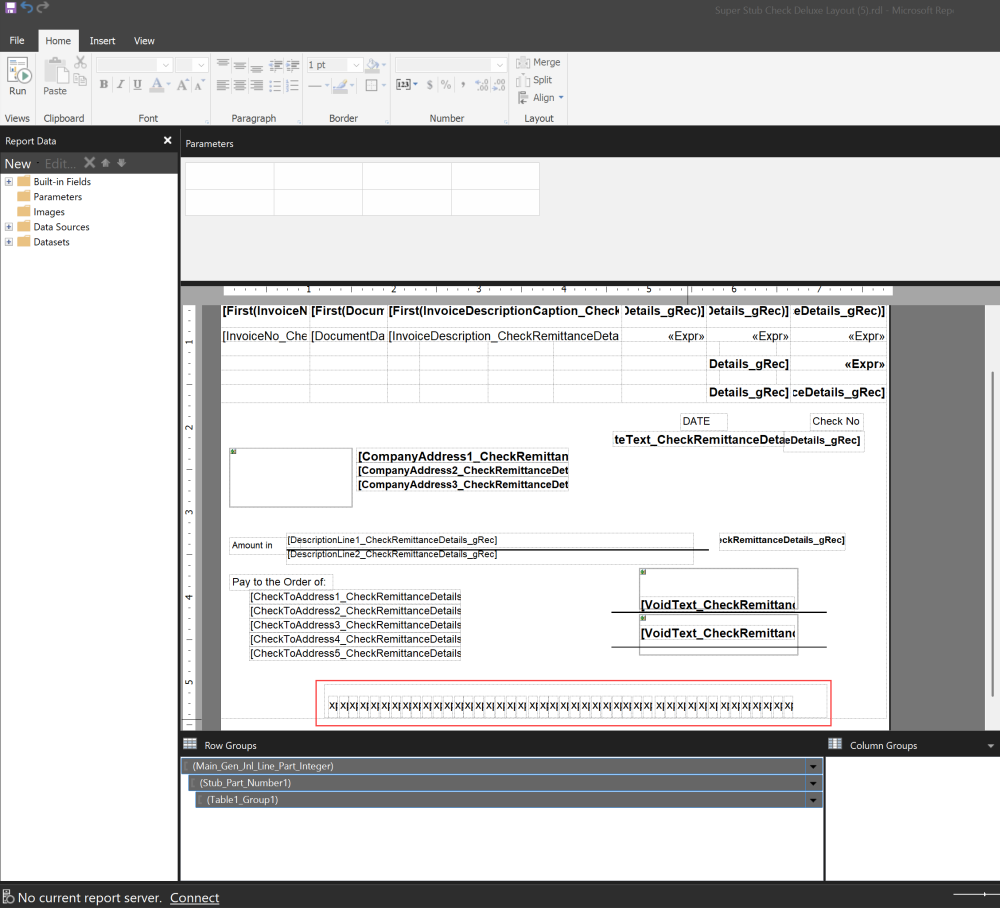 Click in the MICR line field so it is in field edit mode. Screenshot of the MICR line field selected in field edit mode.