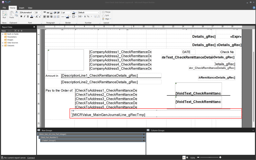 Screenshot of the MICR line field selected in field edit mode.