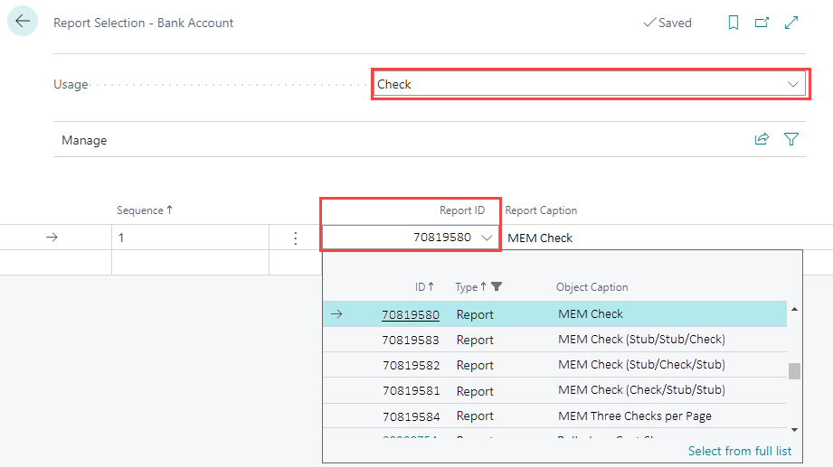 Select the MEM check report ID