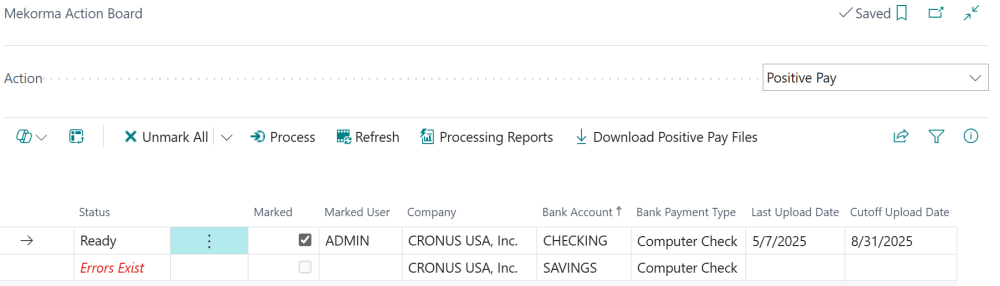 Screenshot showing selecting bank accounts to generate Positive Pay files for.