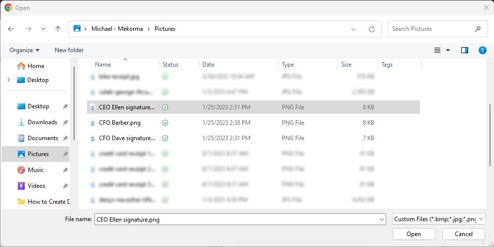 Select the signature file to upload Select the signature file to upload