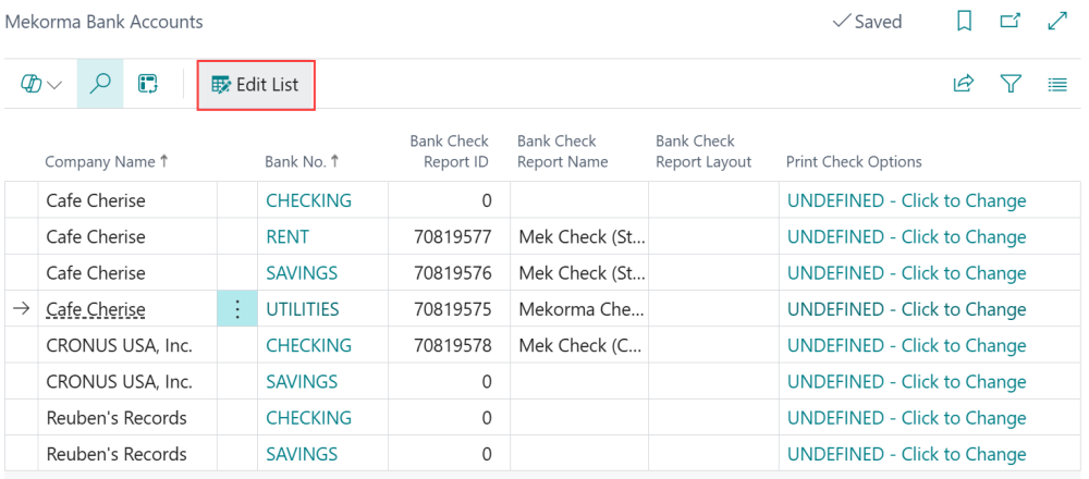 The main view of the Mekorma Bank Accounts page Screenshot of the Mekorma Bank Accounts page.