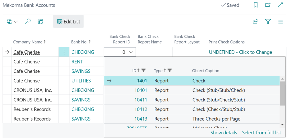 Selecting a report from Mekorma Bank Accounts Screenshot of selecting the Bank Check Report ID in the Mekorma Bank Accounts page.
