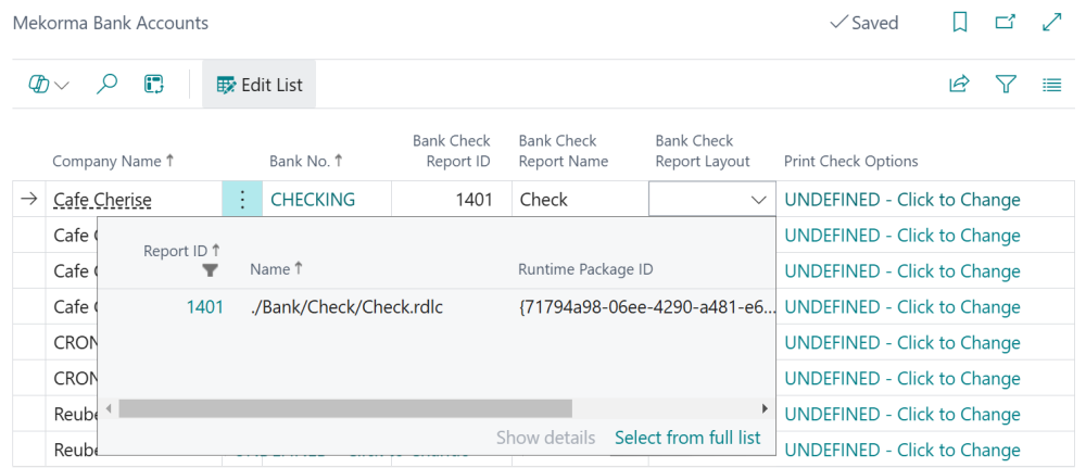 Selecting a layout from Mekorma Bank Accounts Screenshot of selecting a Bank Check Report Layout in the Mekorma Bank Accounts page.