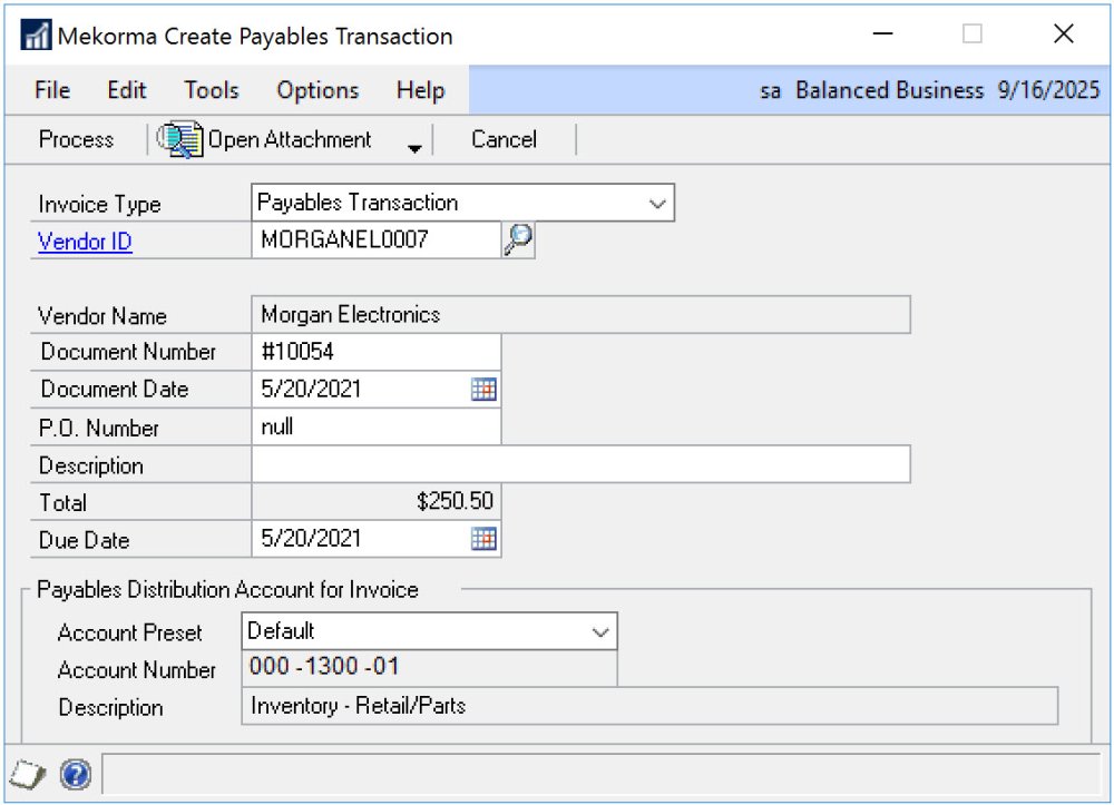 Screenshot of the Mekorma Create Payables Transaction window
