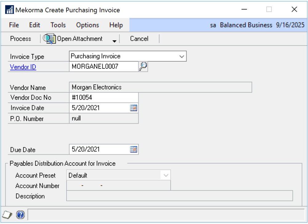 Screenshot of the Mekorma Create Purchasing Invoice window