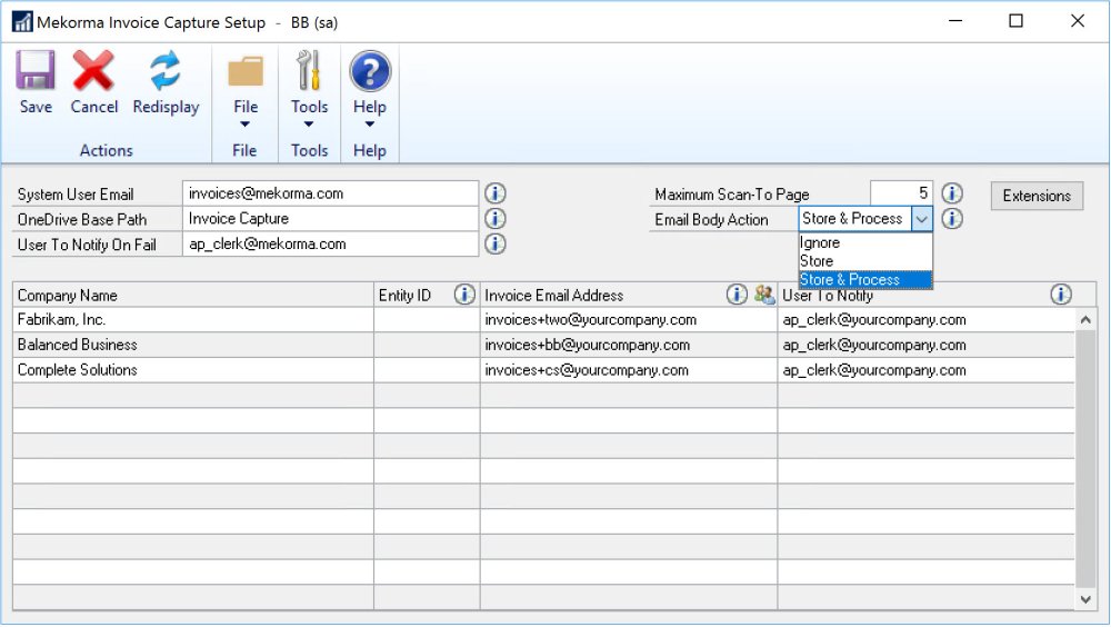 Screenshot of the Mekorma Invoice Capture Setup window