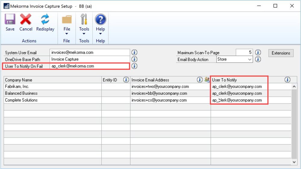 Mekorma Invoice Capture Setup window