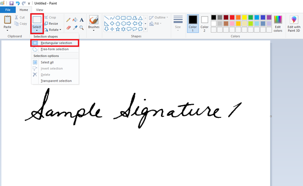 Creating A Digital Signature Electronic Signatures For Acumatica   Microsoft Paint Application Sample Signature 1 Choose Rectangular Selection 