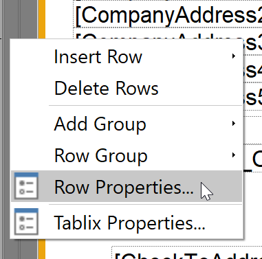 Screenshot of the Row Properties menu item.