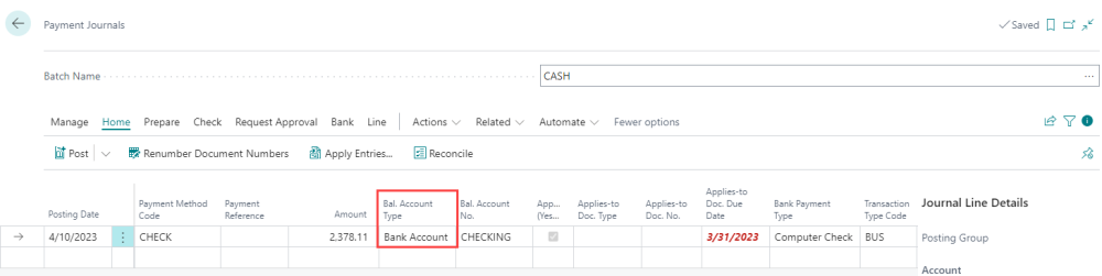 Set Bal. Account Type to bank account