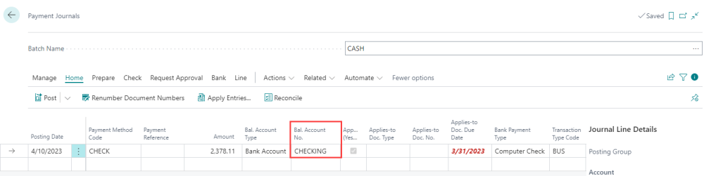 Set Bal. Account No. to your bank account Set Bal. Account No. to your bank account