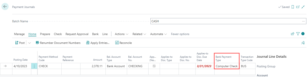 Set Bank Payment Type to computer check Set Bank Payment Type to computer check