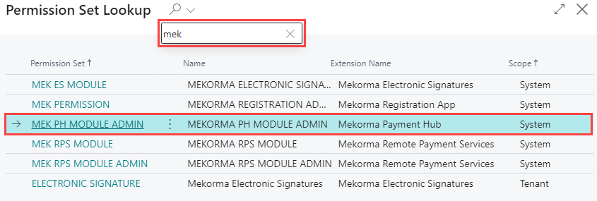 Screenshot of the available Mekorma permission sets.