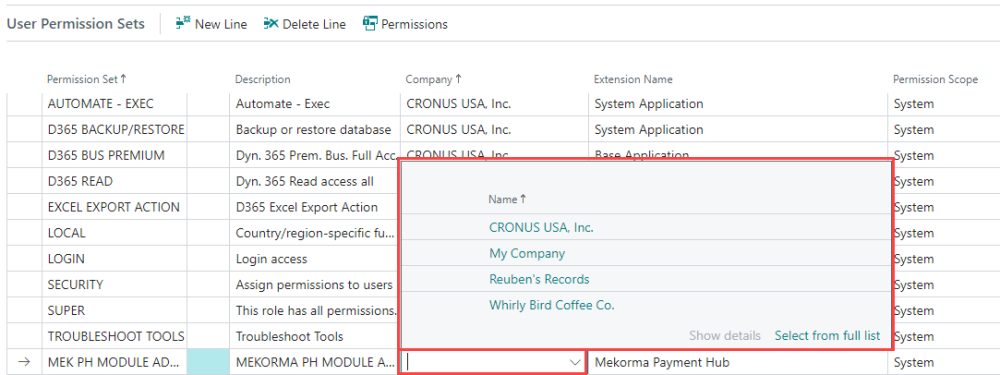 Screenshot of the permissions being applied to a company.