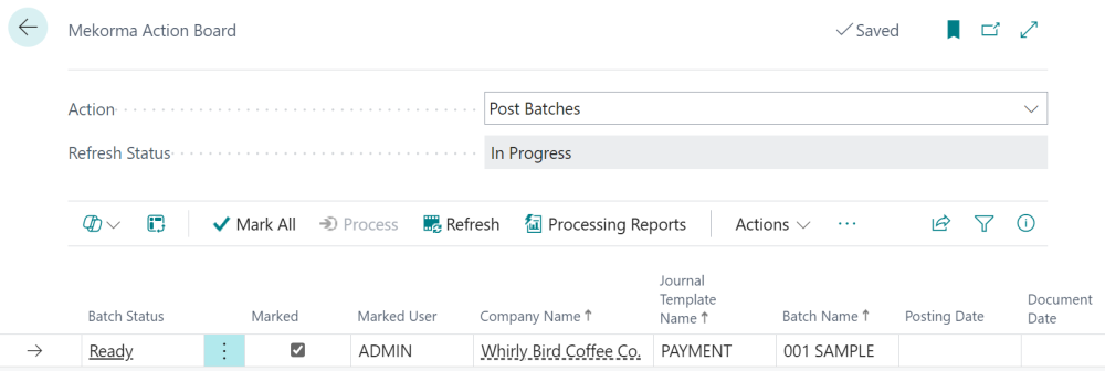 Action Board Post Batches main screen Screenshot of the Post Batches action with a batch selected.