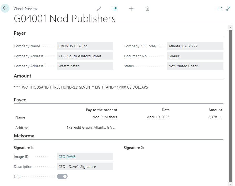 Previewing signatures on a check