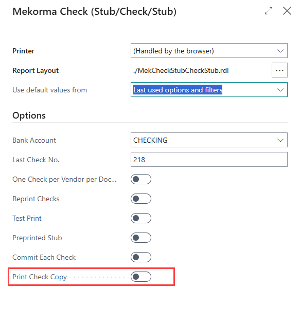 Check Parameters menu with the Print Check Copy option. Screenshot of the Check Parameters menu with the Print Check Copy option.