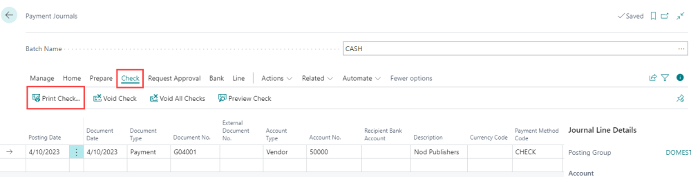 Selecting the Print Checks option Selecting the Print Checks option