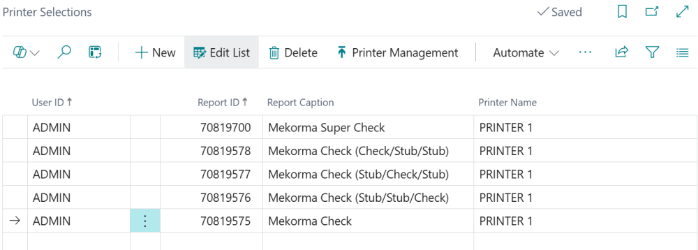 Screenshot of check reports assigned to a specific printer.