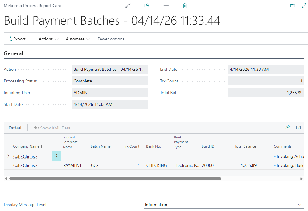 Process reports help you review the details of an Action Board run. Example of a Mekorma Process Report showing details of an Action Board run, including action, template, status, and execution time.