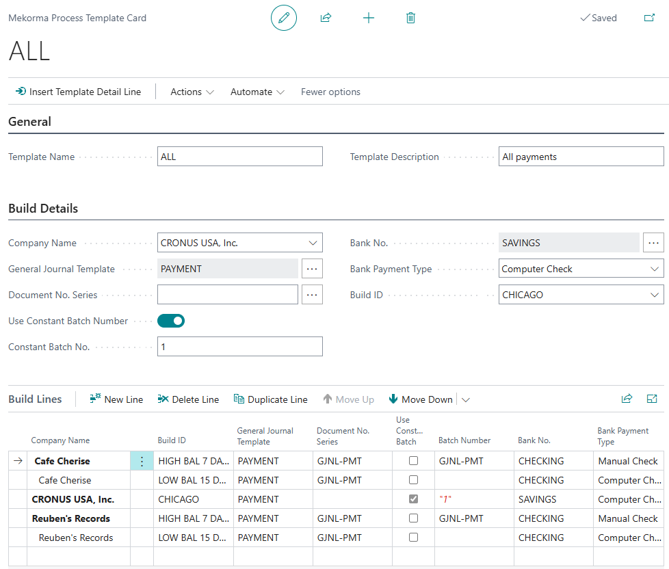 A complete Process Template. Screenshot of a complete Process Template with multiple build lines added.