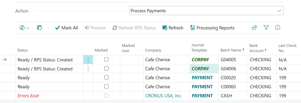 Screenshot of the Process Payments action.