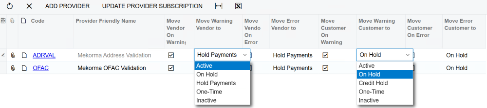 The Providers screen showing the hold and warning options The Providers screen showing the hold and warning options
