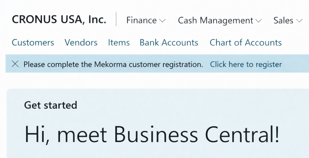 Complete Mekorma customer registration. Screenshot of the banner you need to click to complete registration.