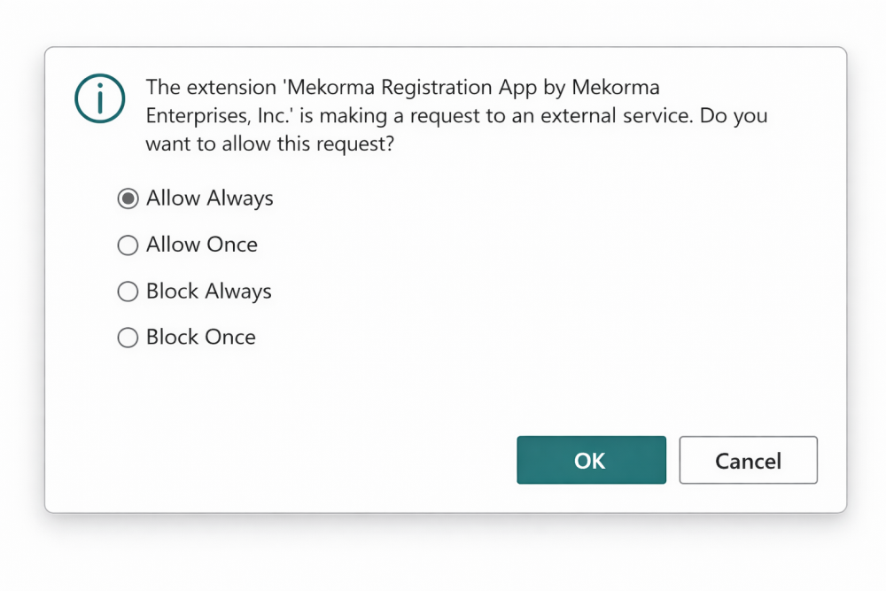 Select Allow Always to set up a successful connection with the Mekorma Registration app. Screenshot showing the options available with Mekorma Registration app requesting access to an external service.