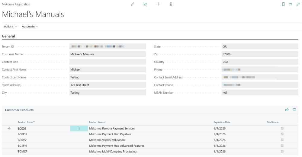 Use the Mekorma Registration page to review your registration information. Screenshot showing the Mekorma Registration page.