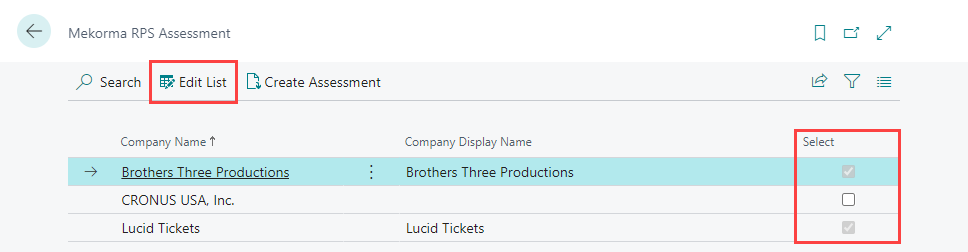 A screenshot of the Mekorma RPS Assessment, highlighting the select and edit list buttons.