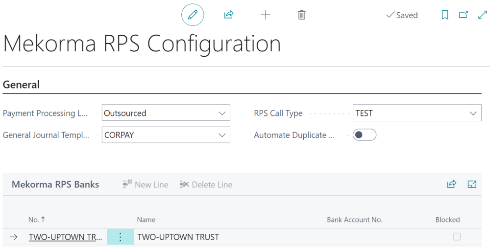 Mekorma RPS Configuration screen after it has been configured. A screenshot of a successfully configured Remote Payment Services.